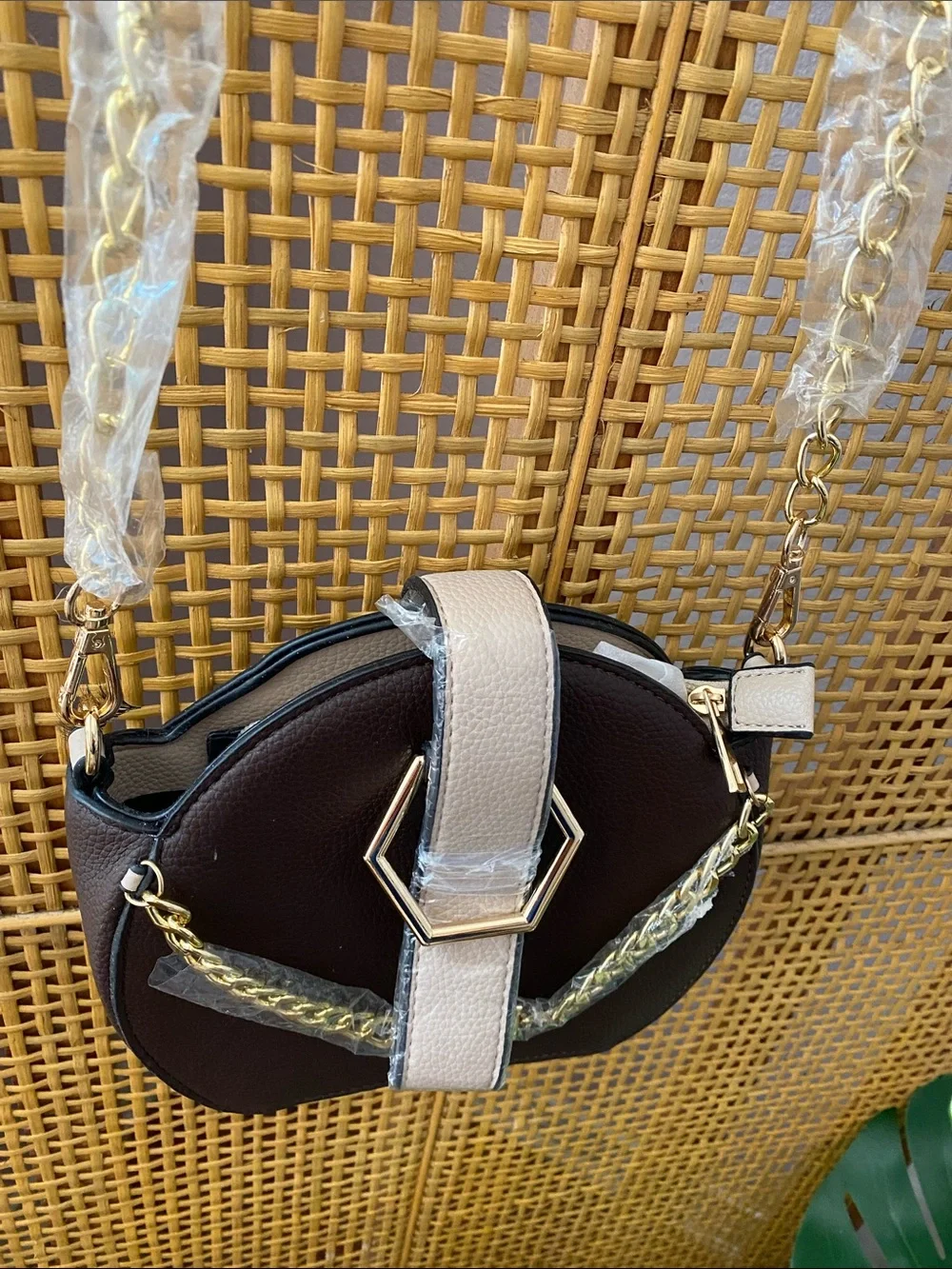 Brown and Silver Round Crossbody Bag with Chain Detail